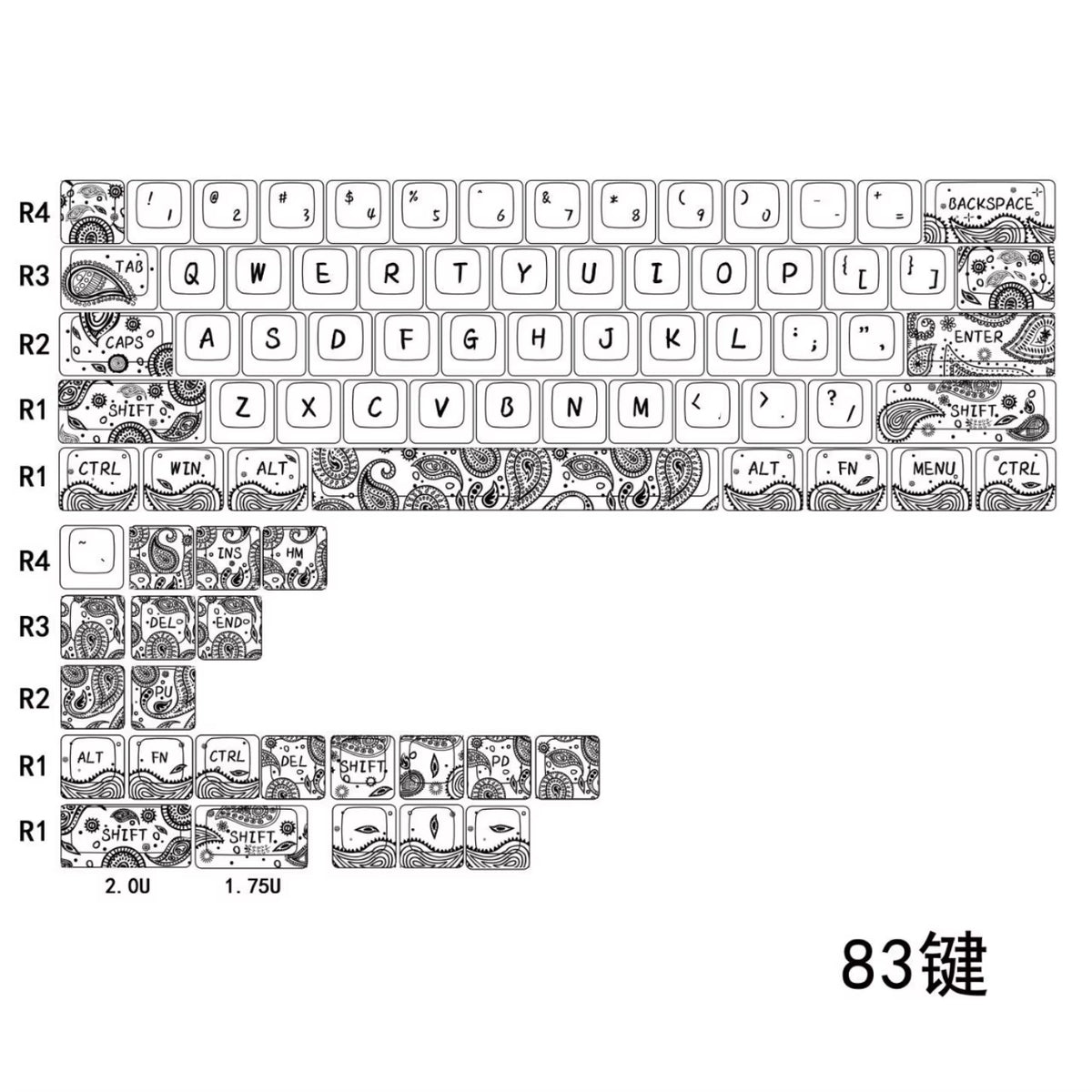 Paisley Black White Keycaps Cherry Profile PBT 83 101 Keys Custom Keycap Set for Wooting 60HE 80HE Mechanical Magnetic Keyboard