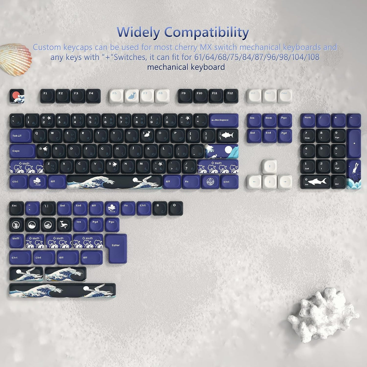 PBT Black Keyboard Keycaps, Japanese MOA Keycaps Set