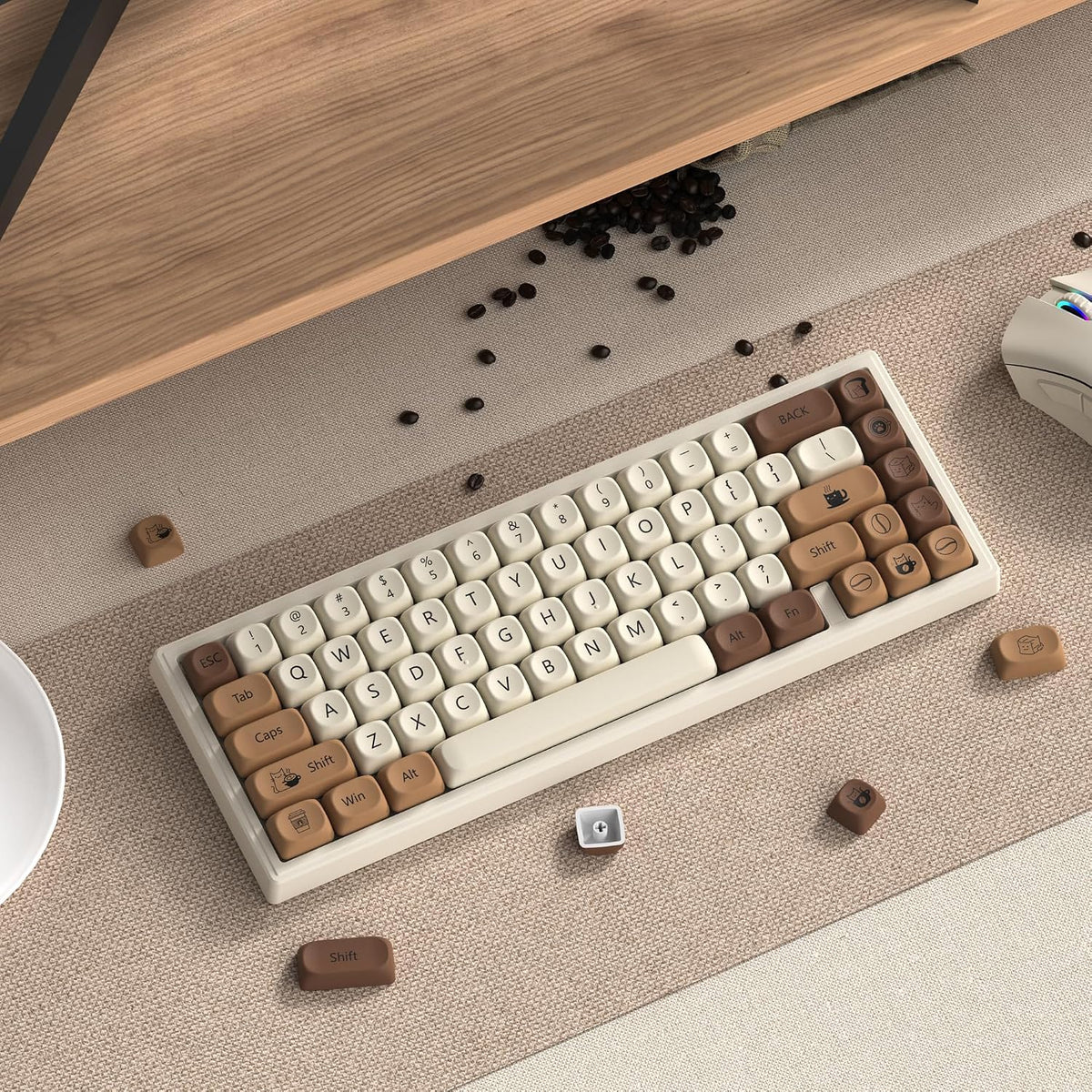 PBT Keyboard Keycaps, White/Brown MOA Keycaps，Coffee Cat