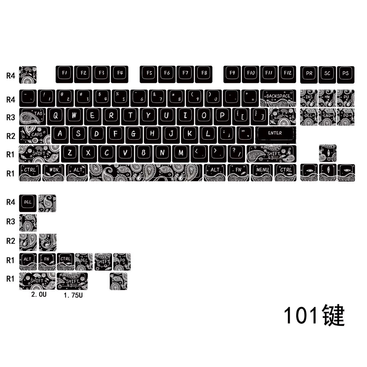 Paisley Black White Keycaps Cherry Profile PBT 83 101 Keys Custom Keycap Set for Wooting 60HE 80HE Mechanical Magnetic Keyboard
