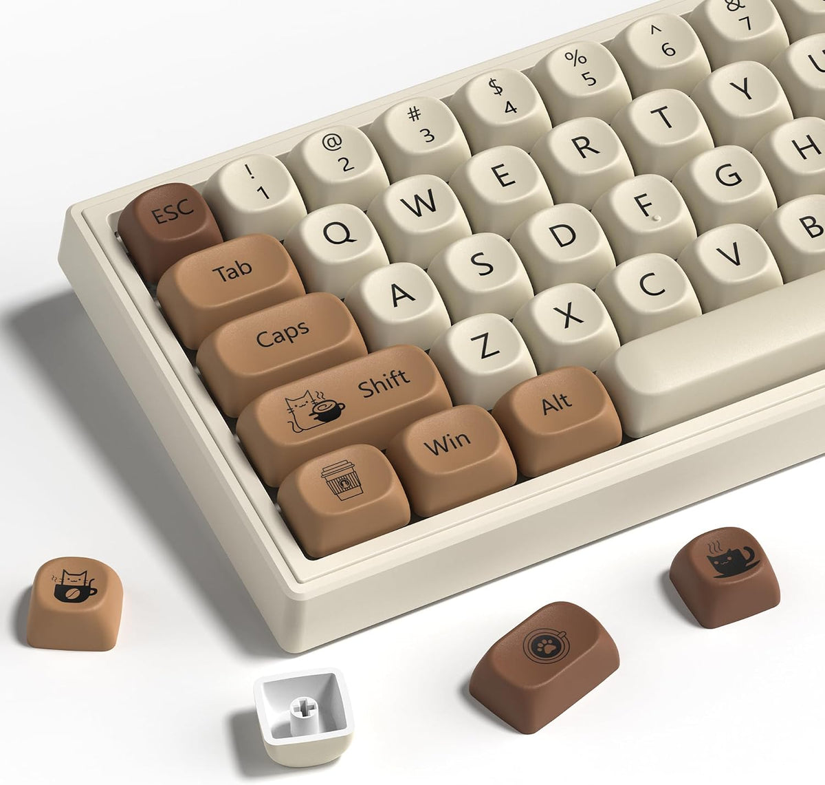 PBT Keyboard Keycaps, White/Brown MOA Keycaps，Coffee Cat