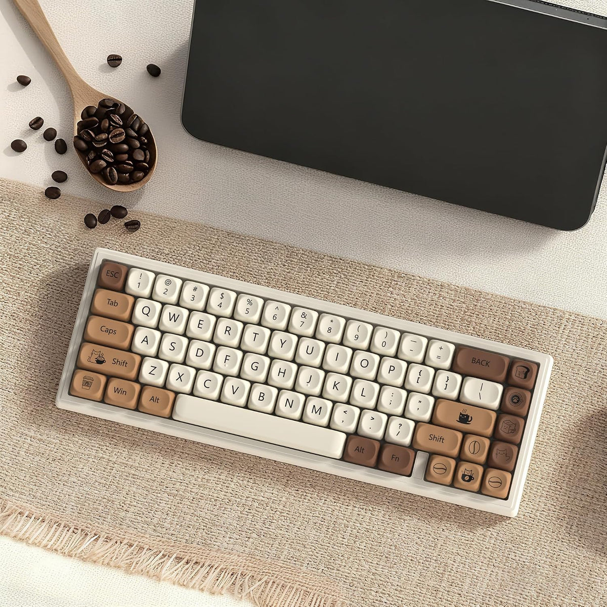 PBT Keyboard Keycaps, White/Brown MOA Keycaps，Coffee Cat