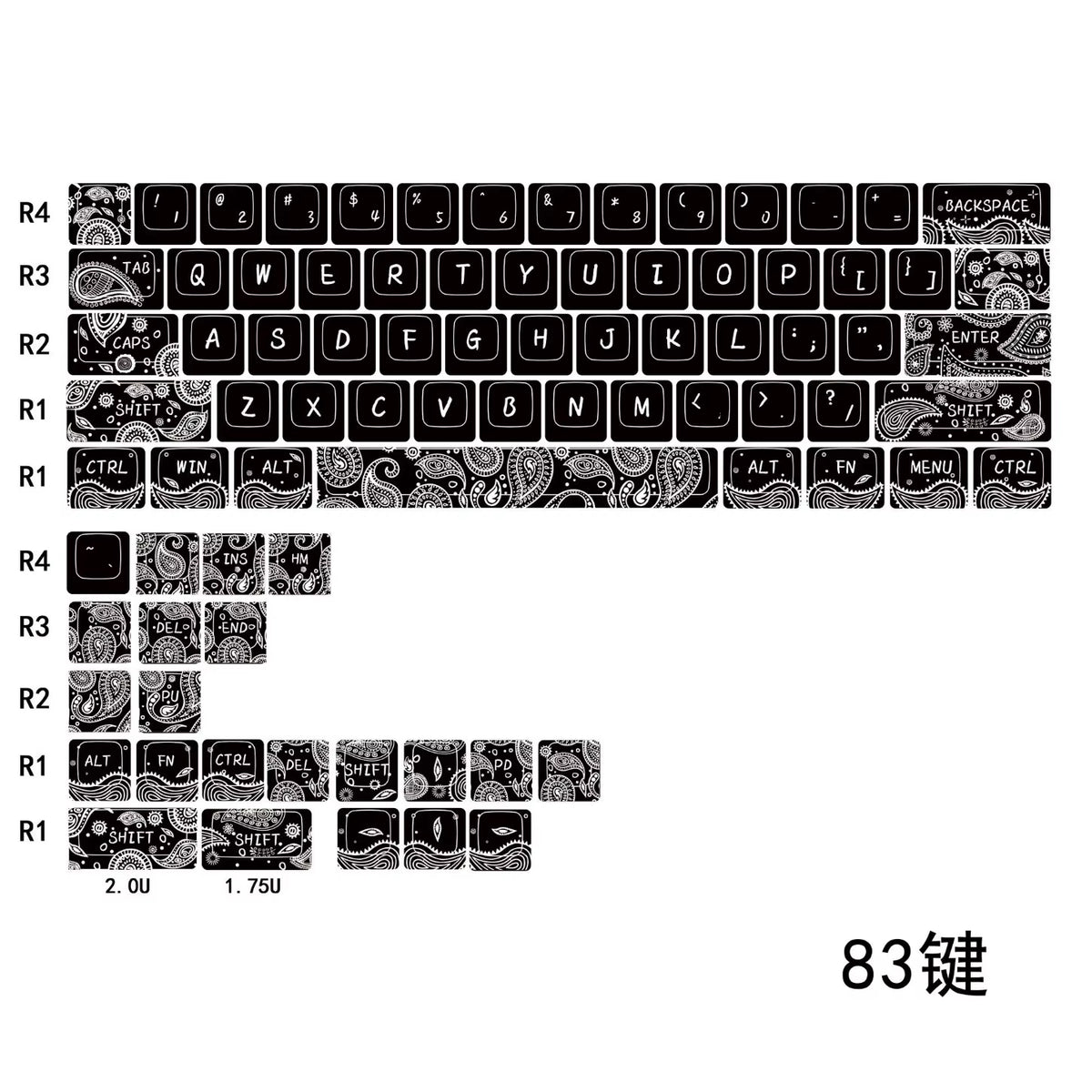 Paisley Black White Keycaps Cherry Profile PBT 83 101 Keys Custom Keycap Set for Wooting 60HE 80HE Mechanical Magnetic Keyboard