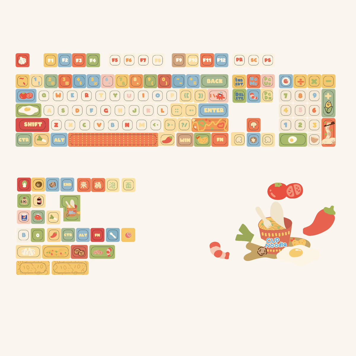 Instant Noodle Theme Keycap MOA Profile round Cartoon Cute Mechanical Keyboard Caps Five-Sided Thermal Sublimation PBT Keycaps