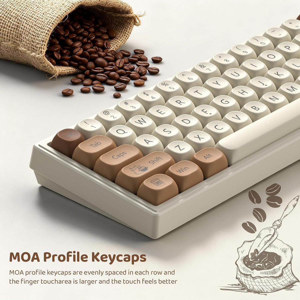 PBT Keyboard Keycaps, White/Brown MOA Keycaps，Coffee Cat