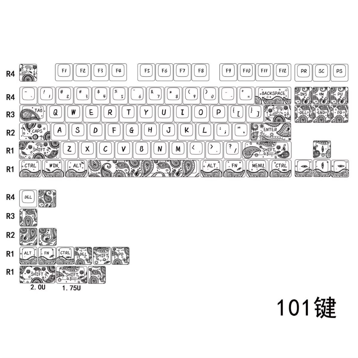 Paisley Black White Keycaps Cherry Profile PBT 83 101 Keys Custom Keycap Set for Wooting 60HE 80HE Mechanical Magnetic Keyboard