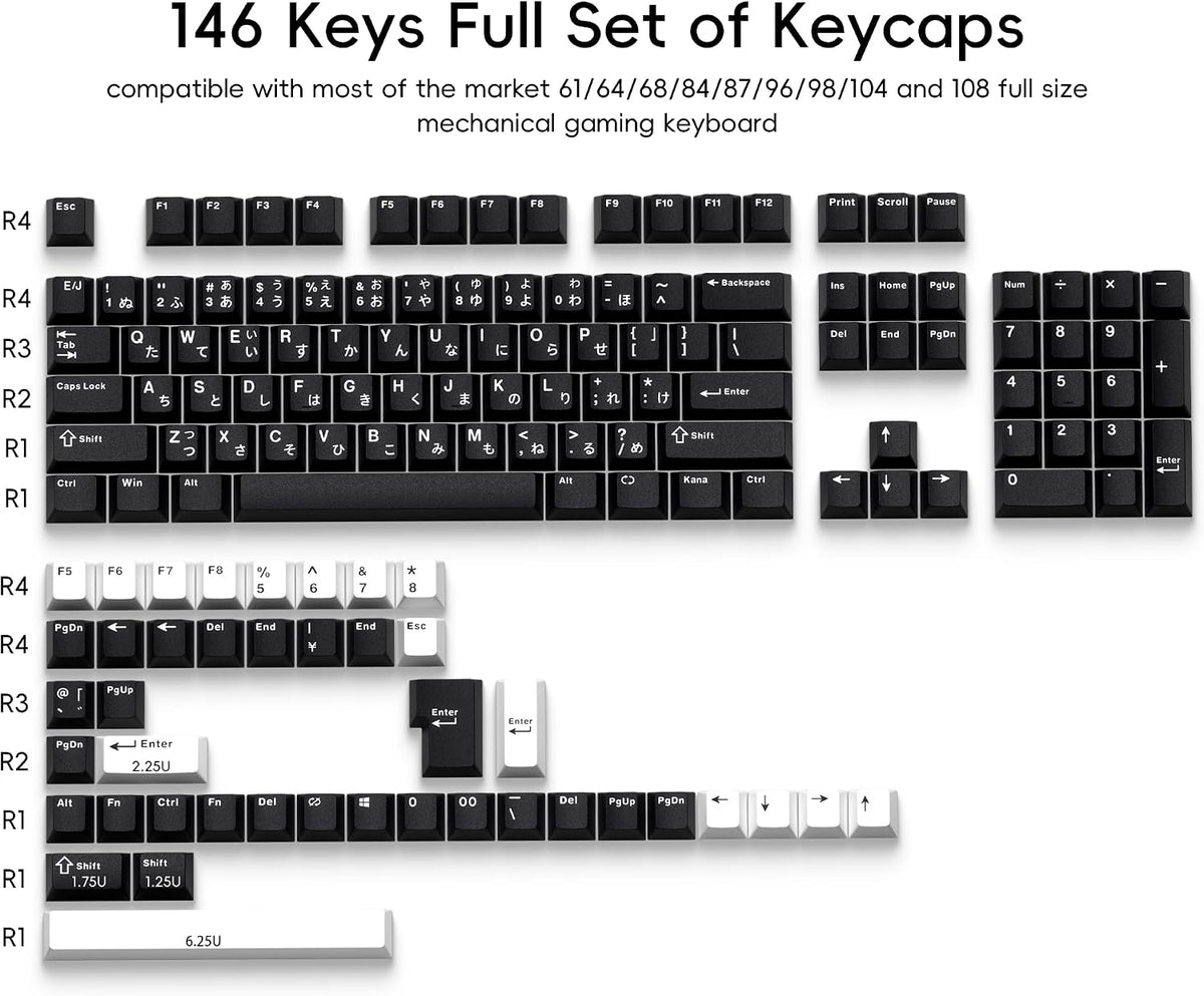 XVX Black Japanese Keycaps, Double Shot PBT Keycap Set, 146 Keys Cherry Profile WOB Keycaps Fit for Cherry Gateron MX Switches Mechanical Gaming Keyboard