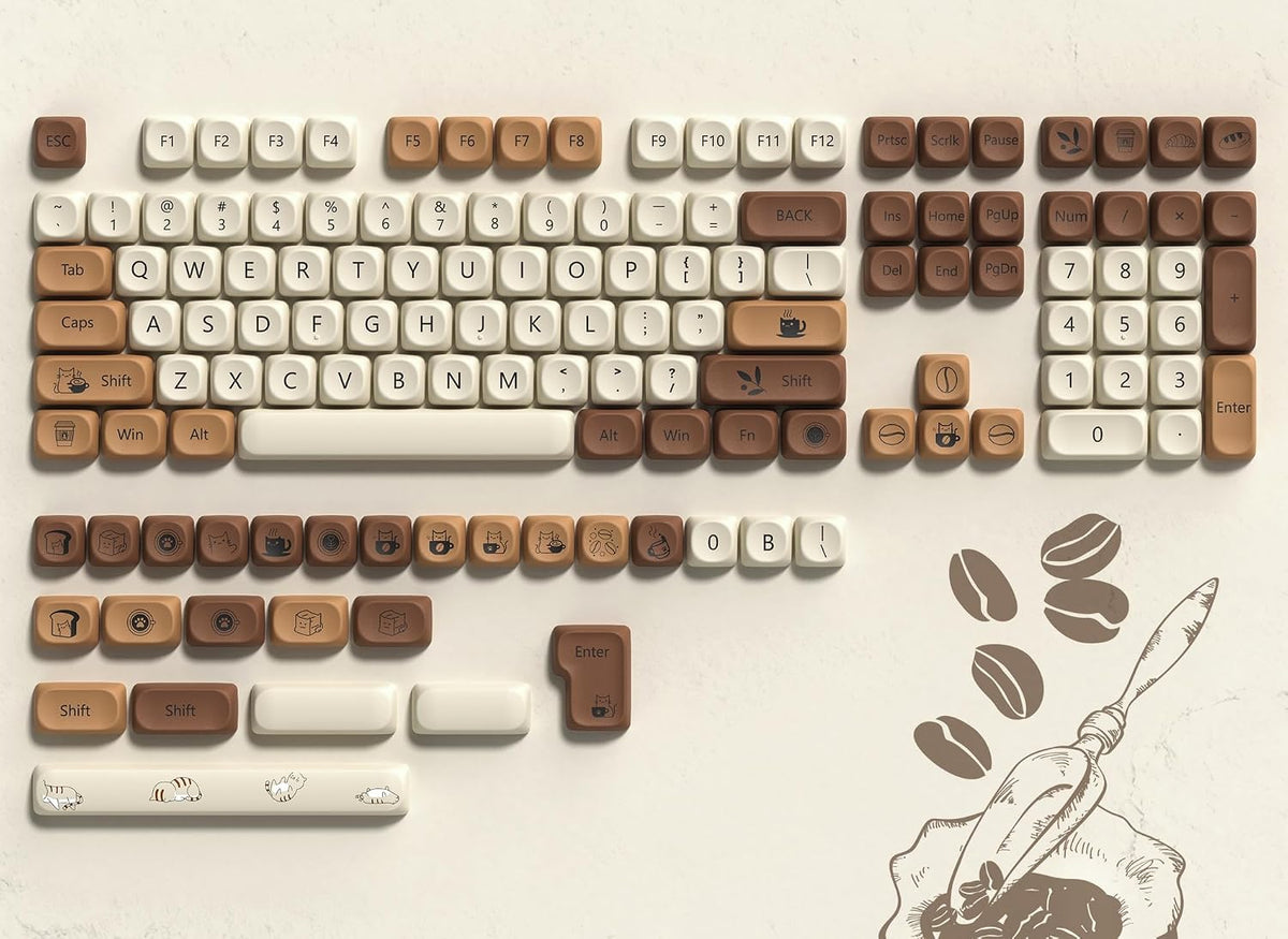 PBT Keyboard Keycaps, White/Brown MOA Keycaps，Coffee Cat