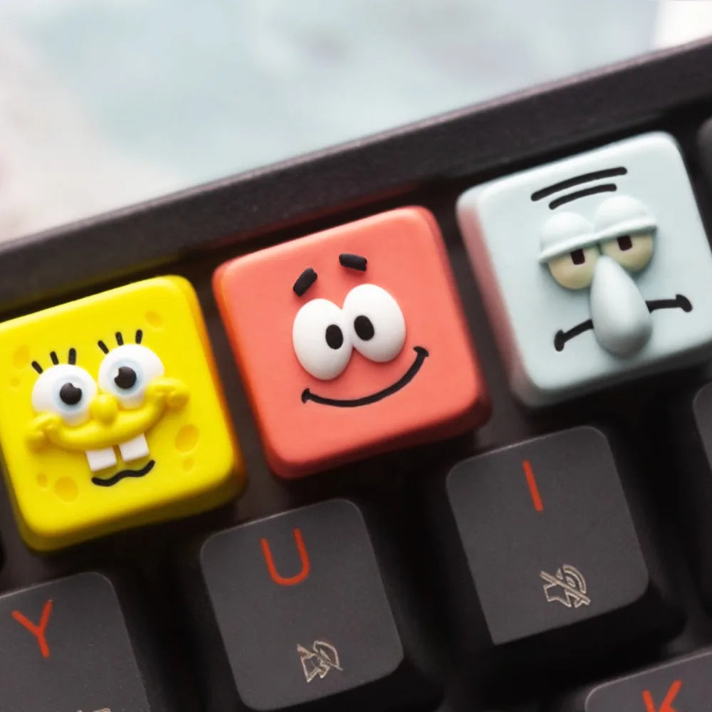 Cute Spongebob Patrick Squidward DIY Keycaps - Creative Cross-Shaped Cartoon Keycaps for Universal Mechanical Keyboards