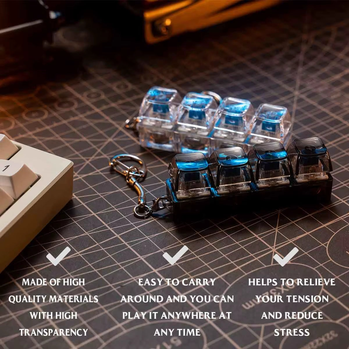 LED Keyboard Key Chain Fidget Toy for Adults Fidget Clicker Decompression Keychains Stress Relief Gadget Interesting Pendant
