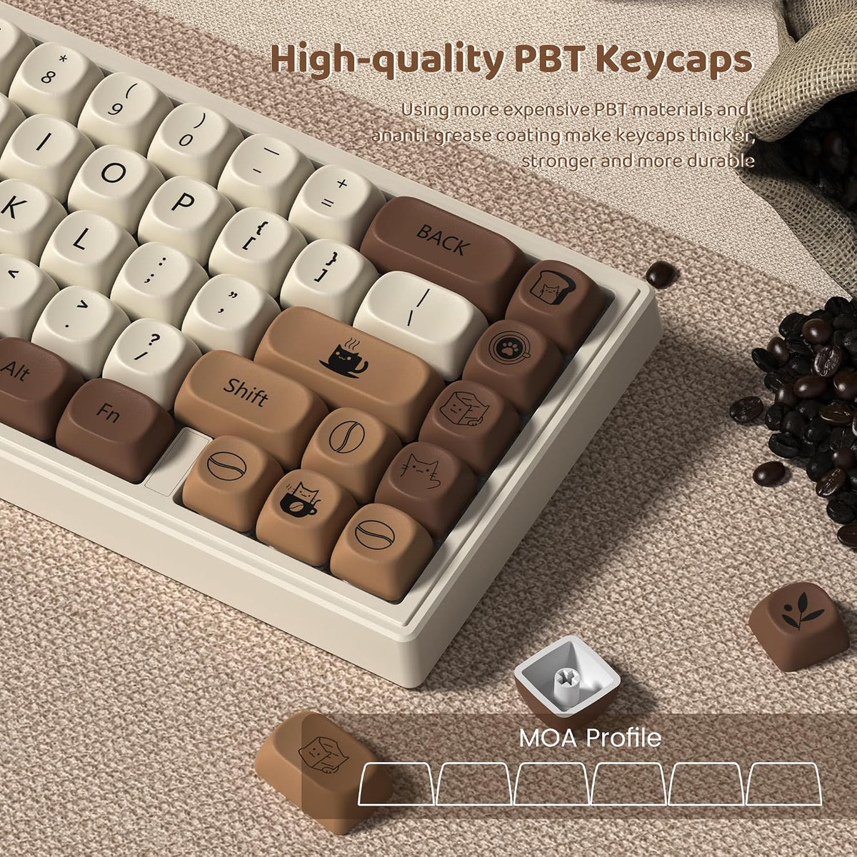 PBT Keyboard Keycaps, White/Brown MOA Keycaps，Coffee Cat